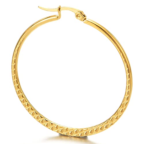 Women Steel Large Grooved Grid Pattern Circle Huggie Hinged Hoop Earrings, Gold Color, Fashion