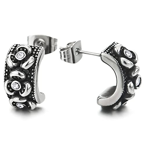 2pcs Vintage Steel Half Hoop Earrings with Flower and Cubic Zirconia, for Women