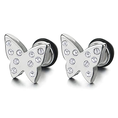 Pair Womens Stainless Steel Butterflies Stud Earrings with Cubic Zirconia, Screw Back