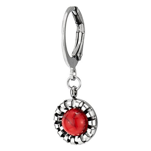 Pair Steel Small Huggie Hinged Hoop Earrings with Dangling Circle and Red Gem Stone for Women