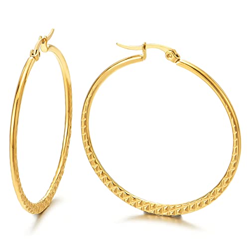 Women Steel Large Grooved Grid Pattern Circle Huggie Hinged Hoop Earrings, Gold Color, Fashion