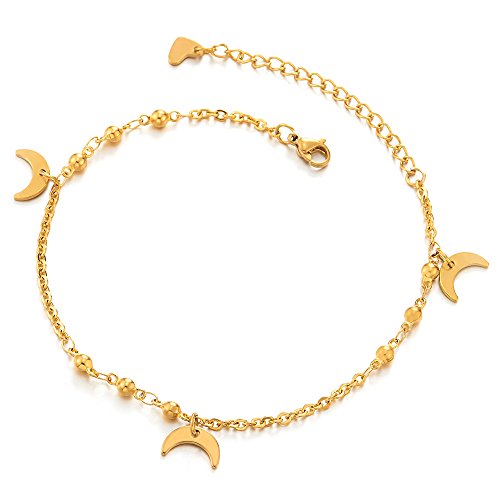 COOLSTEELANDBEYOND Stainless Steel Gold Color Anklet Bracelet with Dangling Charms of Crescent Moons and Balls