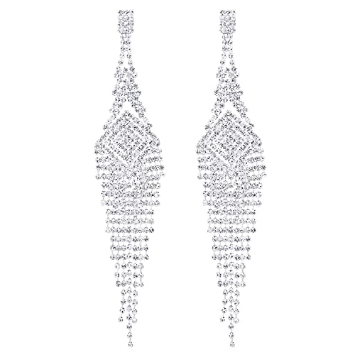 Wedding Bridal Rhinestone Pave Cluster Spiral Square Chain Long Tassel Dangle Statement Earrings