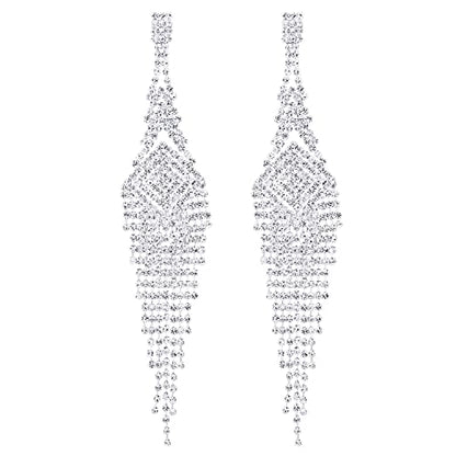 Wedding Bridal Rhinestone Pave Cluster Spiral Square Chain Long Tassel Dangle Statement Earrings