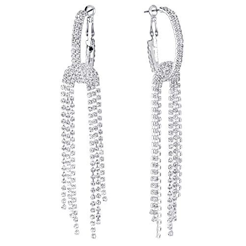 Dazzle Bridal Prom Rhinestone Cluster Circle Waterfall Tassel Long Dangle Statement Earrings