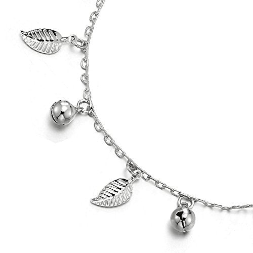 Unique Link Chain Anklet Bracelet with Dangling Charms of Leaves and Jingle Bells, Adjustable