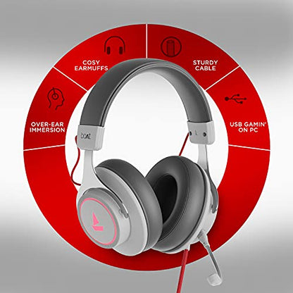 boAt Immortal IM1000D Dual Channel Gaming Wired Over Ear Headphones with mic, 7.1 Channel Surround Audio, Dolby Atmos, 50mm Drivers & RGB Breathing LEDs(White Sabre)