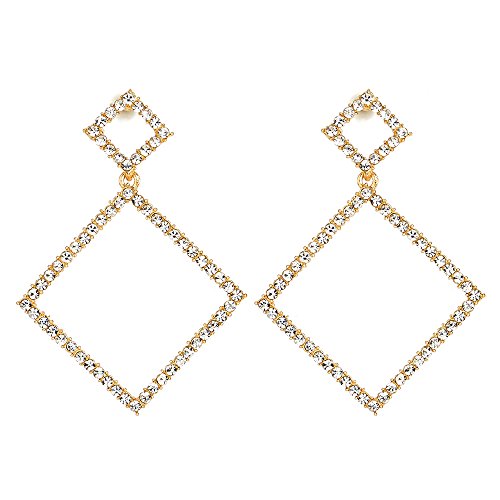 Dazzle Wedding Bridal Party Prom Gold Rhinestone Square Dangle Drop Statement Stud Earring