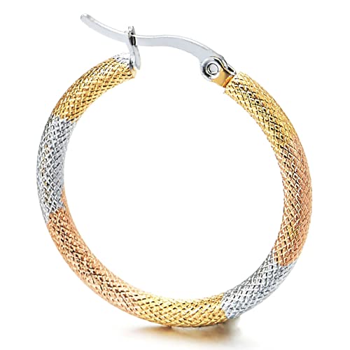 Pair Steel Circle Huggie Hinged Hoop Earrings with Grooved Grid Pattern, Silver Gold Rose Gold