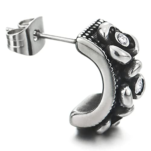 2pcs Vintage Steel Half Hoop Earrings with Flower and Cubic Zirconia, for Women