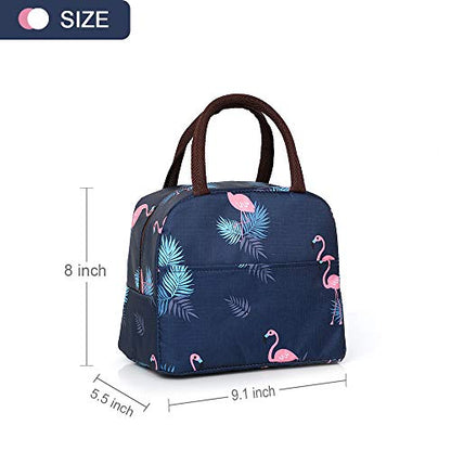 Xelvix Insulated Lunch Bags Small for Women Work,Student Kids to School,Thermal Cooler Tote Bag Picnic Organizer Storage Lunch Box Portable and Reusable (Blue Flamingo) -123