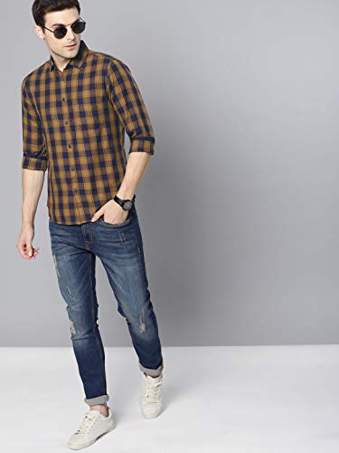 Dennis Lingo Men's Checkered Slim Fit Casual Shirt (C419_MUSTARD_M_Mustard_M)