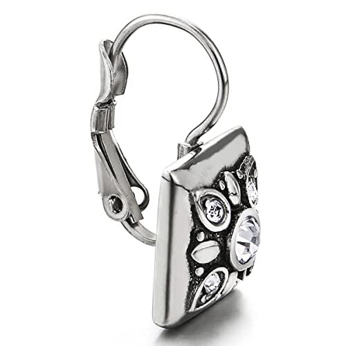 Vintage Steel Irregular Huggie Hinged Hoop Earrings with Square of Petal Flower and Cubic Zirconia