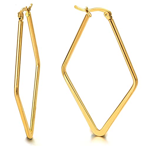 Pair Stainless Steel Gold Color Large Rhombus Huggie Hinged Hoop Earrings for Women