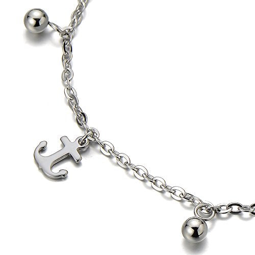 COOLSTEELANDBEYOND Stainless Steel Anklet Bracelet with Dangling Charms of Anchors