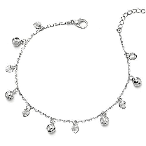 Beautiful Link Chain Anklet Bracelet with Dangling Grooved Hearts and Jingle Bells, Adjustable