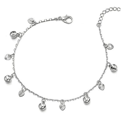 Beautiful Link Chain Anklet Bracelet with Dangling Grooved Hearts and Jingle Bells, Adjustable