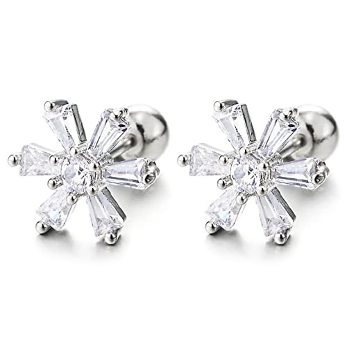 Pair Sparkling Steel Firework Flower Stud Earrings with Cubic Zirconia for Women, Screw Back