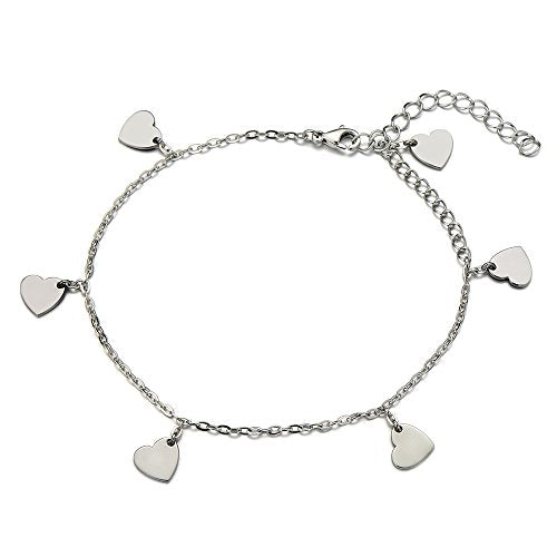 COOLSTEELANDBEYOND Stainless Steel Anklet Bracelet with Dangling Charms of Hearts