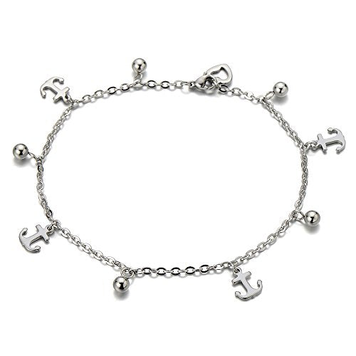 COOLSTEELANDBEYOND Stainless Steel Anklet Bracelet with Dangling Charms of Anchors