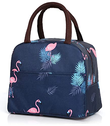 Xelvix Insulated Lunch Bags Small for Women Work,Student Kids to School,Thermal Cooler Tote Bag Picnic Organizer Storage Lunch Box Portable and Reusable (Blue Flamingo)