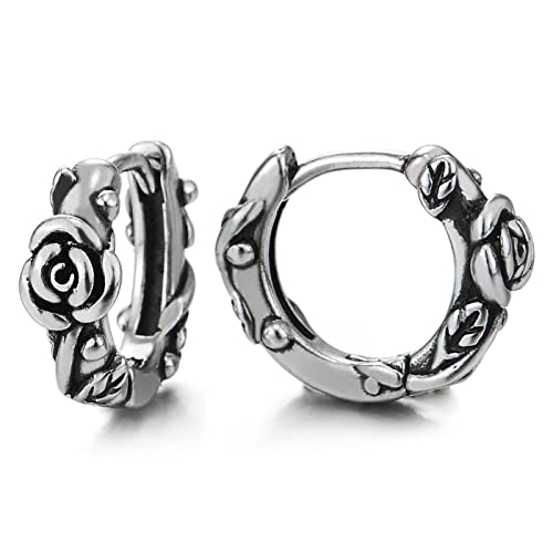 Pair Womens Stainless Steel Huggie Hinged Hoop Earrings with Petals and Roses, Vintage