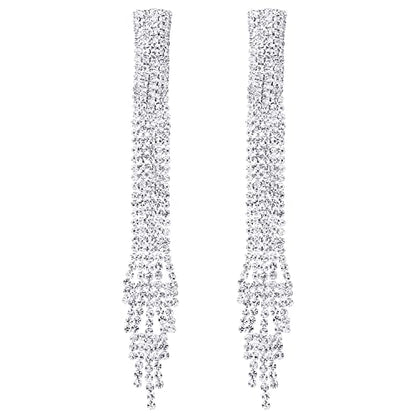 Wedding Party Rhinestone Cluster Long Chain Tassel Waterfall Dangle Statement Earrings, Sparkling