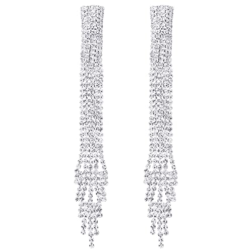 Wedding Party Rhinestone Cluster Long Chain Tassel Waterfall Dangle Statement Earrings, Sparkling