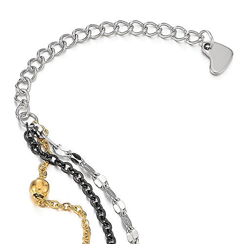 Silver Gold Black Stainless Steel Three-row Anklet Bracelet with Charms of Beads