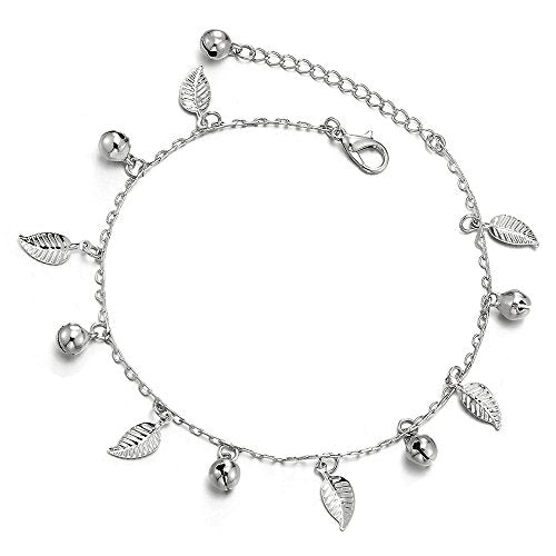 Unique Link Chain Anklet Bracelet with Dangling Charms of Leaves and Jingle Bells, Adjustable