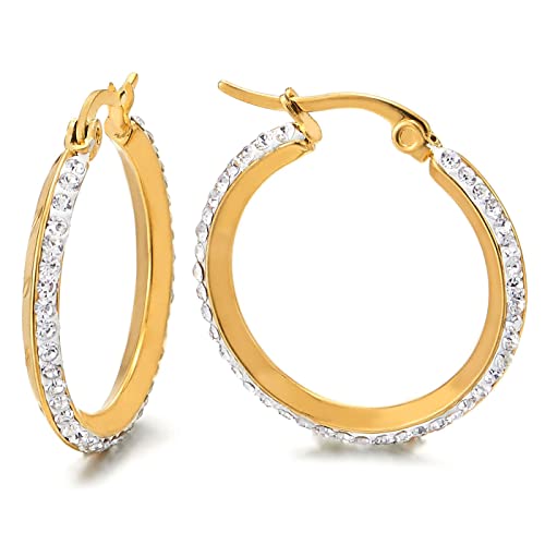 Pair Gold Color Stainless Steel Huggie Hinged Hoop Earrings with Cubic Zirconia