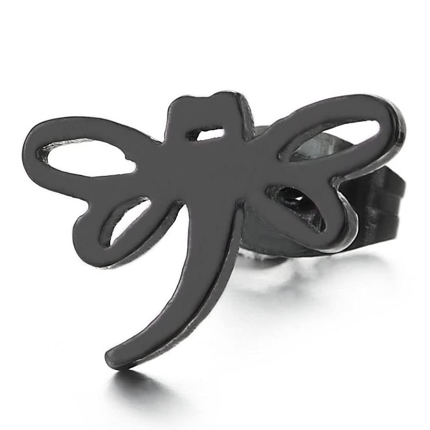 Pair Flat Black Stainless Steel Dragonfly Stud Earrings for Women