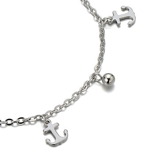 COOLSTEELANDBEYOND Stainless Steel Anklet Bracelet with Dangling Charms of Anchors