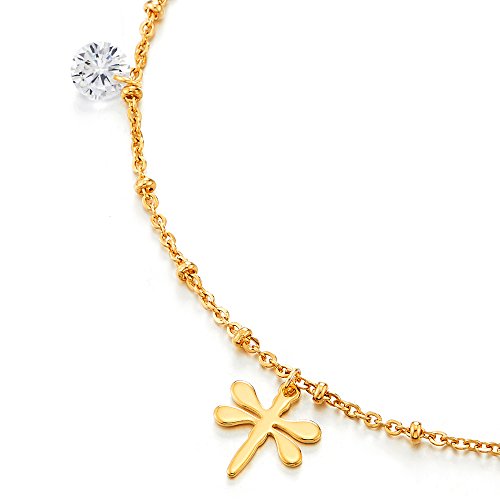 COOLSTEELANDBEYOND Steel Gold Color Anklet Bracelet with Dangling Charms of Dragonflies, Cubic Zirconia and Jingle Bell