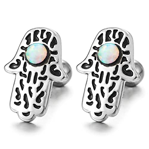 Steel Men Womens Hamsa Hand of Fatima Stud Earrings with Gem Stone Bead Screw Back