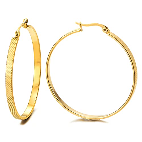 Gold Color Statement Earrings Oblique Texture Grooved Stripes Circle Huggie Hinged Hoop, Fashion