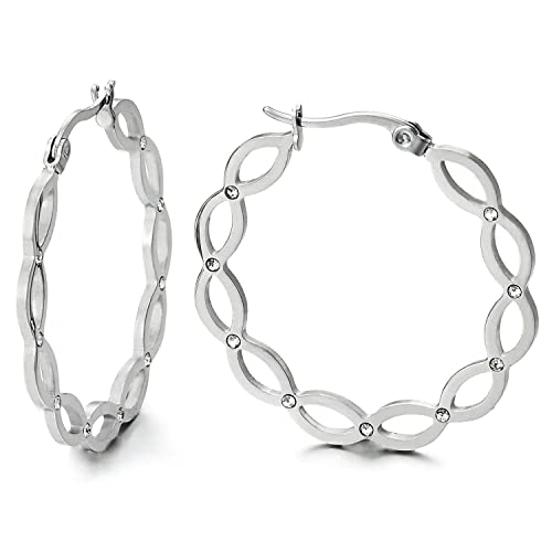 Pair Stainless Steel Huggie Hinged Hoop Flat Oval Link Earrings with Cubic Zirconia for Women