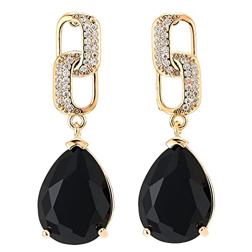 Gold Color Link Dangle Stud Earrings with Cubic Zirconia and Black Teardrop Gem Stone