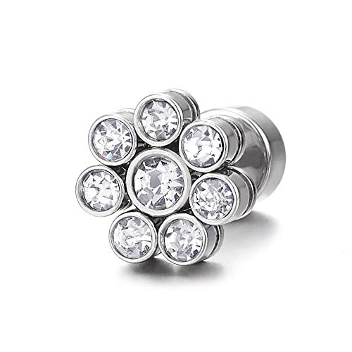 Pair Sparkling Stainless Steel Cubic Zirconia Flower Stud Earrings for Women, Screw Back