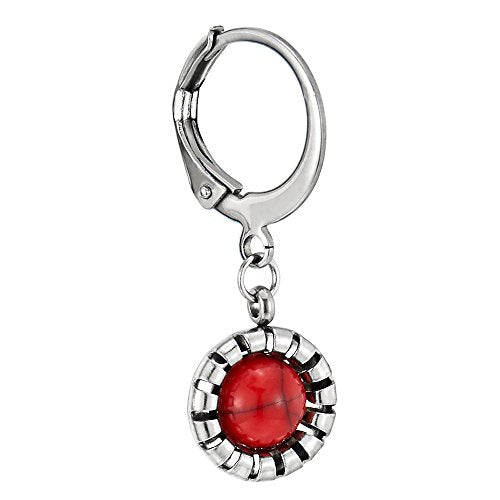 Pair Steel Small Huggie Hinged Hoop Earrings with Dangling Circle and Red Gem Stone for Women