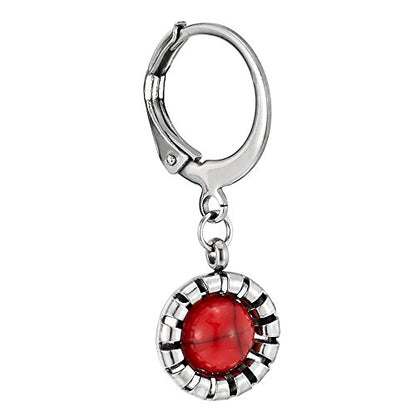 Pair Steel Small Huggie Hinged Hoop Earrings with Dangling Circle and Red Gem Stone for Women