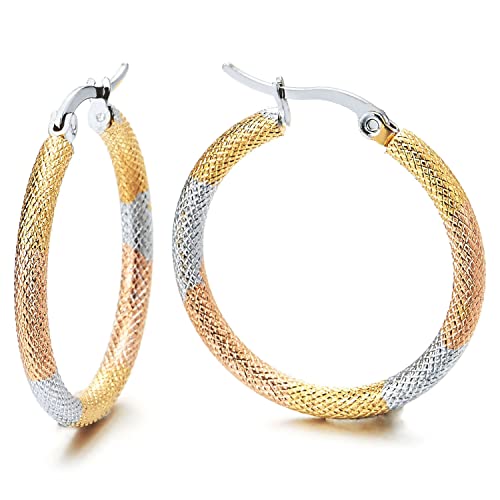 Pair Steel Circle Huggie Hinged Hoop Earrings with Grooved Grid Pattern, Silver Gold Rose Gold