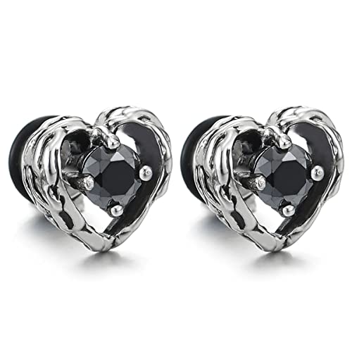 Vintage Steel Womens Tribal Pattern Heart Stud Earrings with Black Cubic Zirconia, Screw Back, 2 pcs