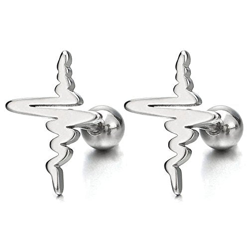 Mens Womens Sound Wave Stud Earrings in Stainless Steel, Screw Back, 2pcs