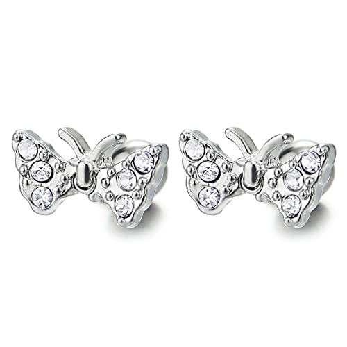 Pair Womens Stainless Steel Butterfly Stud Earrings with Cubic Zirconia, Screw Back