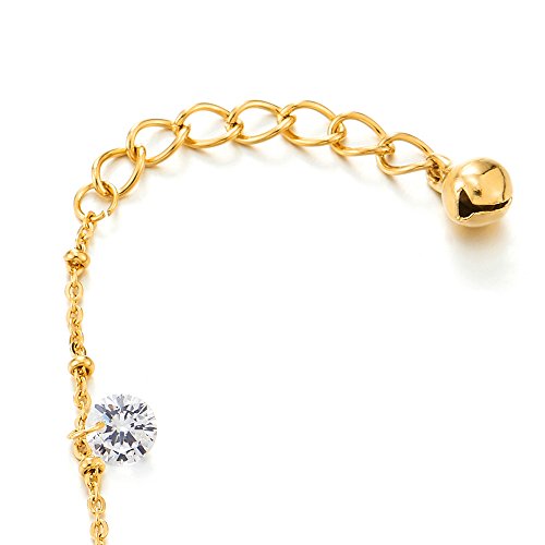 COOLSTEELANDBEYOND Stainless Steel Gold Color Anklet Bracelet with Dangling Cubic Zirconia and Jingle Bell