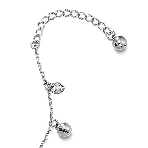 Beautiful Link Chain Anklet Bracelet with Dangling Grooved Hearts and Jingle Bells, Adjustable