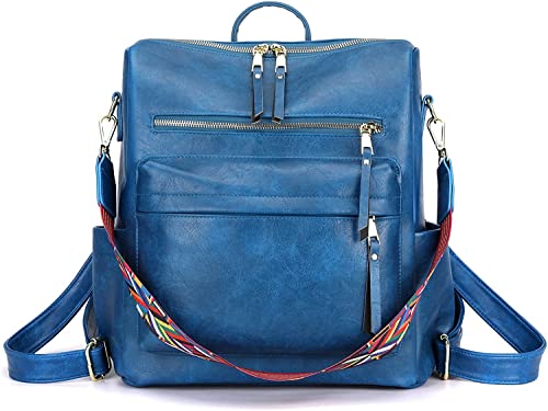 Comfabie Women's Fashion Backpack Purses Multipurpose Design Handbags and Shoulder Bag PU Leather Travel bag Vegan Leather Girl's Travel Casual Collage Backpack With Shoulder printed Straps (Blue)