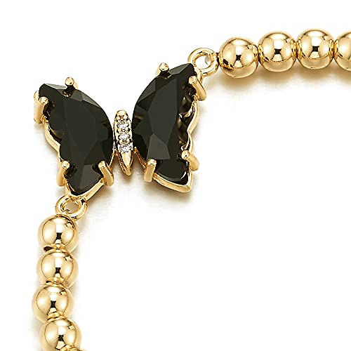 Womens Gold Color Beads Chain Bracelet with Black Crystal Cubic Zirconia Butterfly, Stretchable