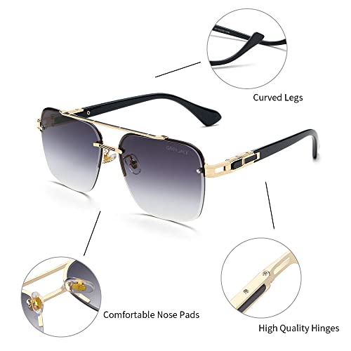 grey jack Square Metal Frame Sunglasses for Men Women,Flat Design Double Bridge Eyewear for UV Protection GJ10211 Golden Frame Double Black Lens